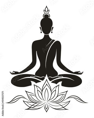 Abstract Hand Drawn Silhouette of a Meditating Buddha with Lotus Flower Design