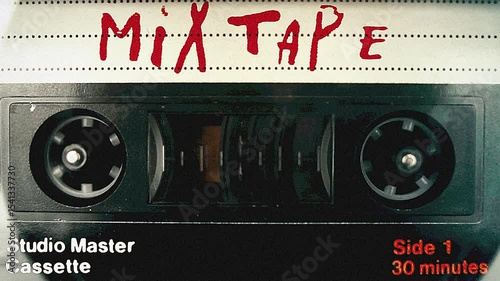 Close Up of a Studio Master Mixtape Cassette with Red Text on A Lined Background