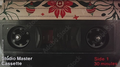 Black Studio Master Cassette Tape with Red and Green Christmas Ornaments Vintage Design and Side 1 Label