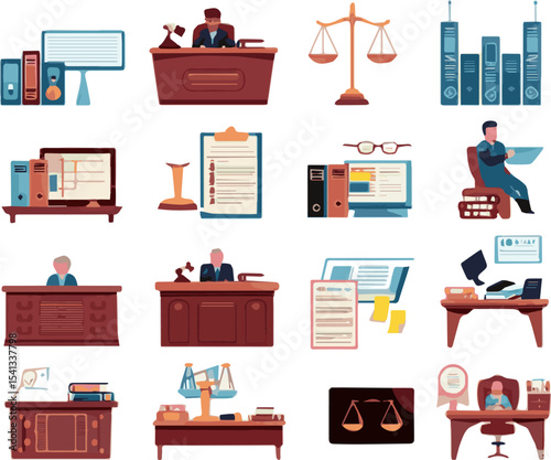 Create a kinds of deferent Lawyer Office Workplace with Signed Legal Contract, Judge Gavel, Scales of Justice and Legal Books. Law and Justice Concept. vector art with white background.