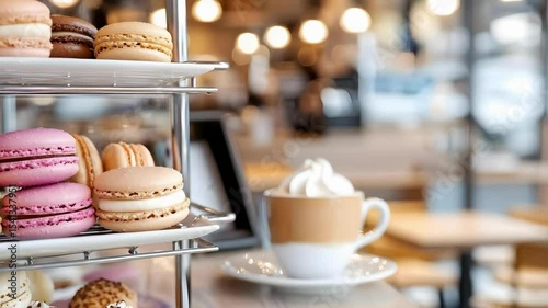 Wallpaper Mural A display of colorful macarons on a tiered stand beside a cup of coffee topped with whipped cream in a cozy café setting. Torontodigital.ca