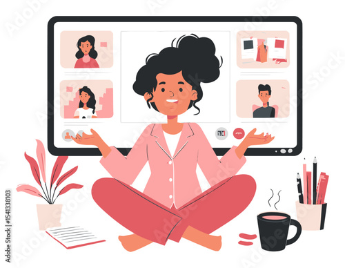 Young Woman in Pajamas Engaging with Screen at Home Workspace Illustration