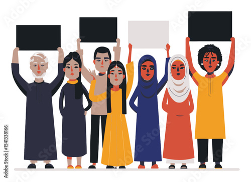 Diverse Group of Activists Holding Blank Signs in Colorful Cartoon Style