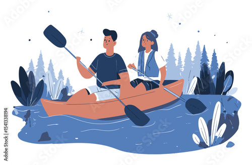Couple Kayaking in Nature Surrounded by Trees and Aquatic Plants