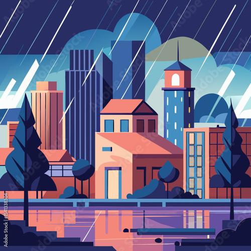 Vector illustration of the city on a rainy day
