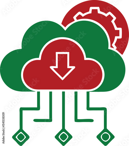 Cloud computing technology vector illustration with data download and gear symbol on transparency