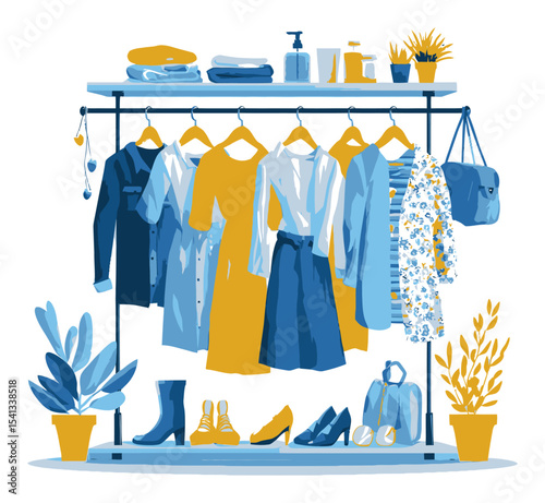 Stylish Cartoon Clothing Rack with Fashionable Outfits and Accessories