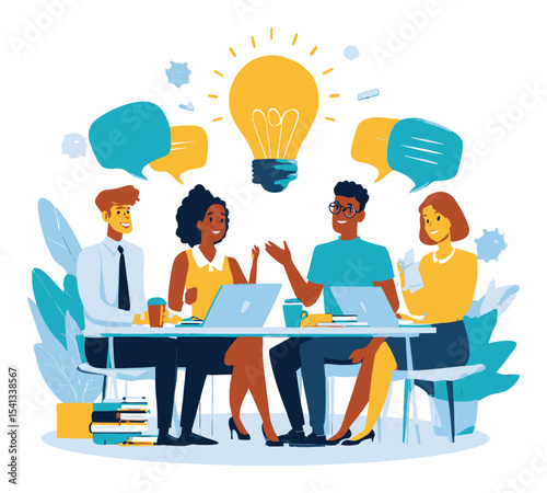 Creative Team Collaboration in a Bright Cartoon Office Setting