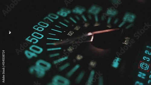 Close Up of Turquoise Illuminated Speedometer Showing Vehicle Speed On Dark Background