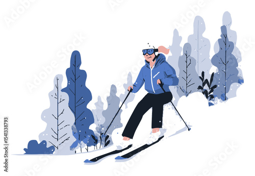 Cheerful Cartoon Skier Enjoying Winter Sports in a Snowy Landscape