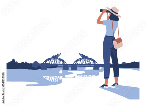 Woman with Binoculars Enjoying Scenic View of Bridge in Vector Cartoon Style