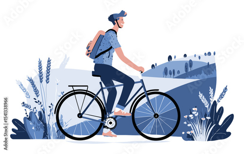 Cartoon Vector Illustration of Young Man Riding Bicycle in Nature Landscape