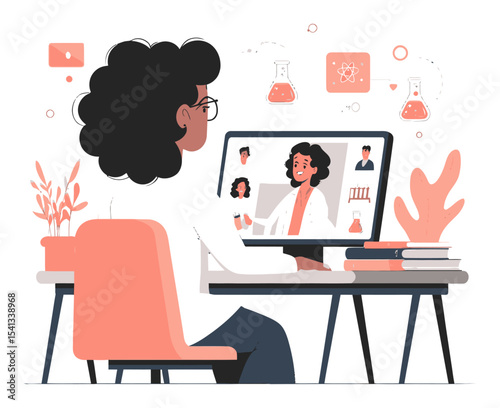 View of Young Woman Engaged in Online Learning in a Modern Workspace