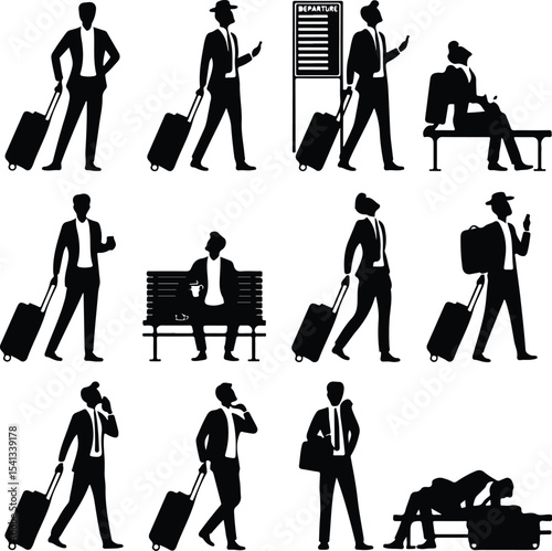 Traveler with Suitcase Icon Silhouette Set – Vacation Journey Pack Silhouette Set of Tourist Carrying Luggage – Travel & Holiday Icons