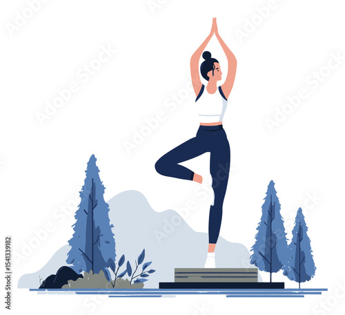 Woman Practicing Yoga in Nature Illustration with Blue Tone Colors