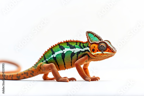A vibrant chameleon with a green, blue, and orange body, distinctive eyes, and a curled tail on a white surface. AI generated.
