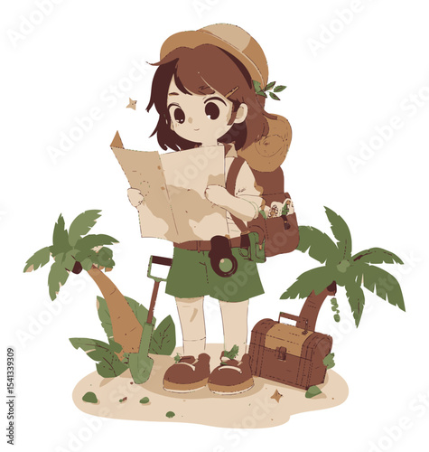 Cute Cartoon Explorer with Map Surrounded by Tropical Plants and Gear