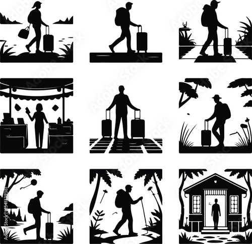 Traveler with Suitcase Icon Silhouette Set – Vacation Journey Pack Silhouette Set of Tourist Carrying Luggage – Travel & Holiday Icons