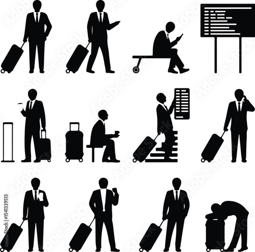 Traveler with Suitcase Icon Silhouette Set – Vacation Journey Pack Silhouette Set of Tourist Carrying Luggage – Travel & Holiday Icons