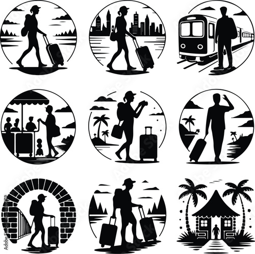 Traveler with Suitcase Icon Silhouette Set – Vacation Journey Pack Silhouette Set of Tourist Carrying Luggage – Travel & Holiday Icons