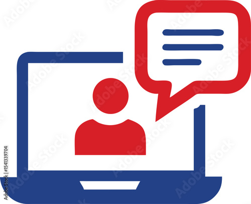 Digital communication concept with laptop user and speech bubble in red and blue