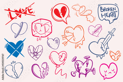Broken Heart Doodle Hand Drawn Vector. Broken Hearts - Romance & Pain vector image
