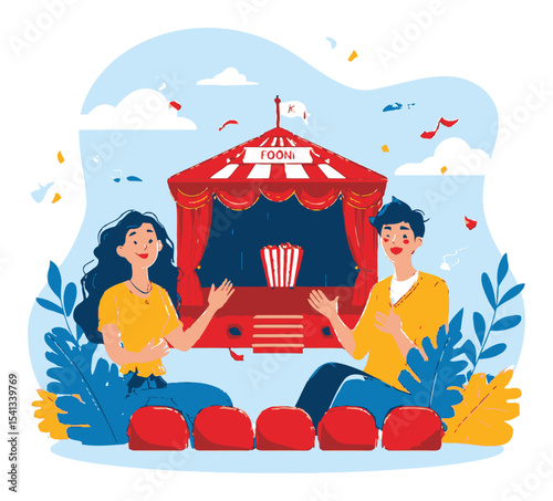 Cheerful Friends Enjoying a Fun Day at a Colorful Outdoor Theater