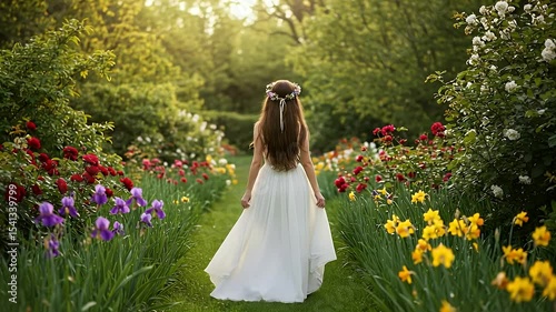 Woman in a flowing white dress walking through a flower garden