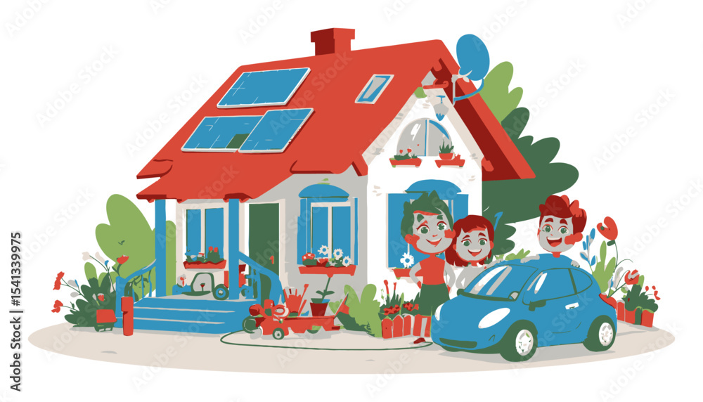 Naklejka premium Illustration of a Cheerful Family Outside a Green Eco-Friendly House