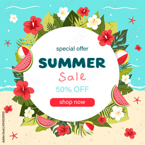 Round summer sale banner with tropical flowers, leaves, watermelon slices, and beach balls on sand and sea background. Vector template with "shop now" button and discount text.
