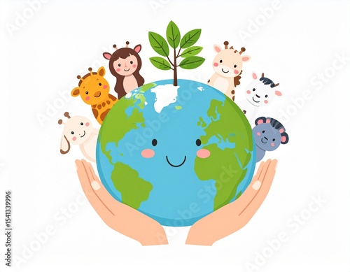 A smiling Earth holding a plant in its hands with animals around it