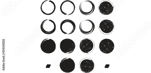 set of black round banners - brush painted circle on transparent background