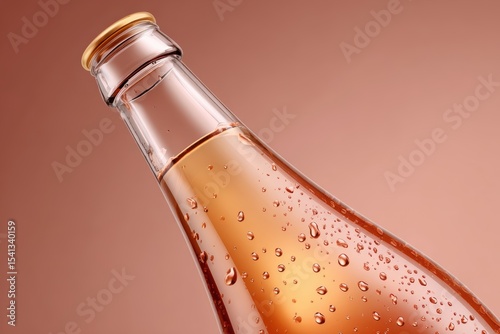 Glass bottle filled with a pink liquid and condensation droplets on its side against a brown backdrop
