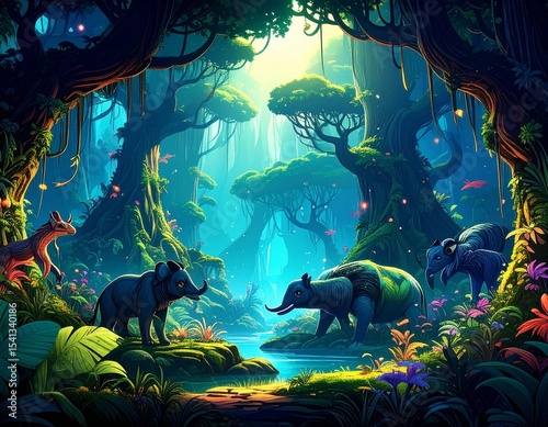 A fantasy-style deep jungle where trees are shaped like animals.