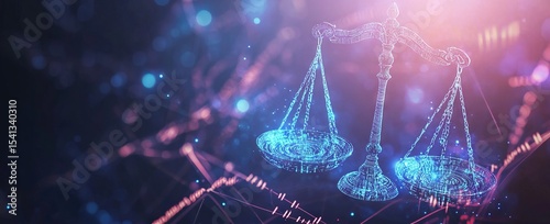 Legal Tech Innovation. Scales of Law Set Against a Digital Data Center Background