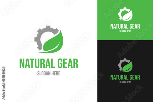 Natural gear with leaf logo design template vector illustration