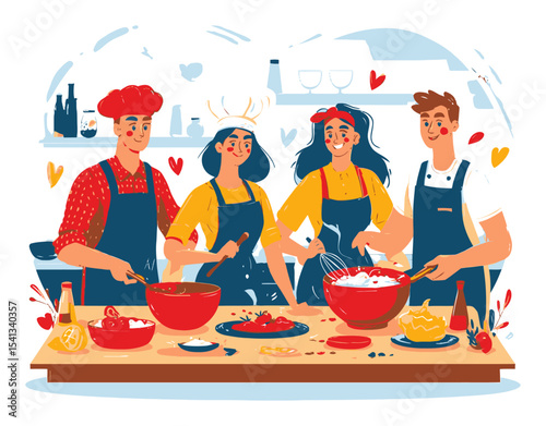 Engaging Team Cooking Together in a Bright Kitchen Setting