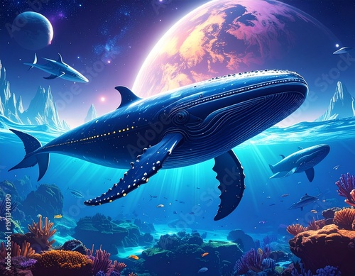 A whale-shaped spaceship floating over an alien ocean.