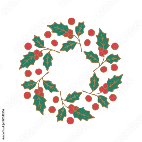 Christmas wreath with holly leaves and red berries, festive winter decoration, traditional holiday symbol, flat vector illustration, white background, green and red colors. Vector illustration