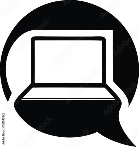 Black silhouette chat bubble with a laptop design illustrating online communication