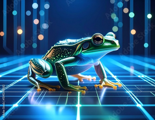 A genetically-engineered bioluminescent frog hopping on circuit-tiled floor.