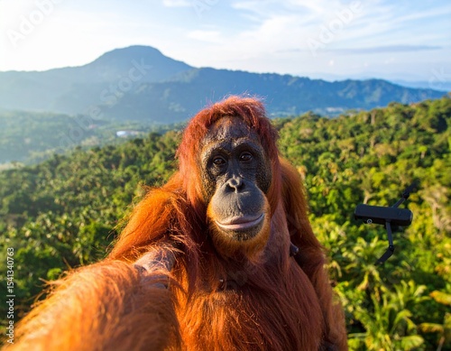 A wild orangutan looking curiously at a drone camera in Borneo.