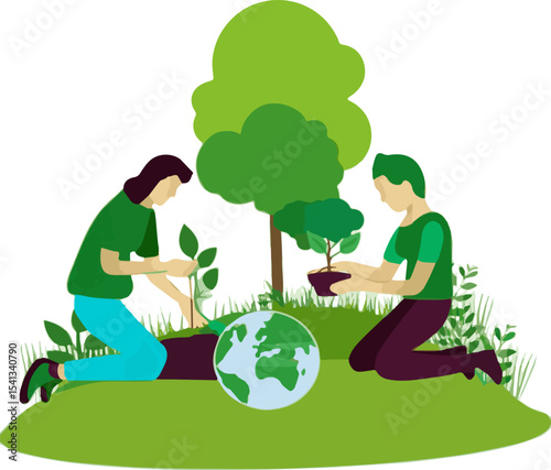 Create a People characters planting trees and plants seedlings. Characters trying to save planet earth from climate change. Environmental care and volunteerism concept vector art with white background