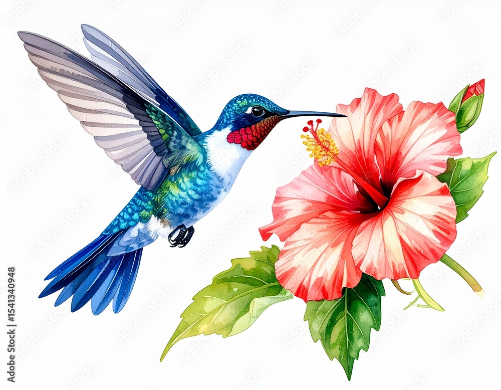 Fototapeta premium Ultra-detailed image of a hummingbird mid-flight next to a hibiscus
