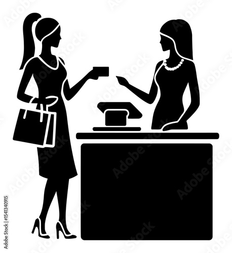 Elegant Women Silhouettes Engaging in Transaction at Checkout Counter