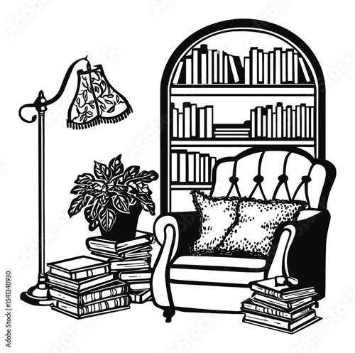 Cozy Living Room Setup with Books, Plant, and Elegant Floor Lamp Design