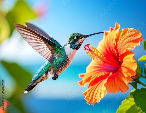 Ultra-detailed image of a hummingbird mid-flight next to a hibiscus