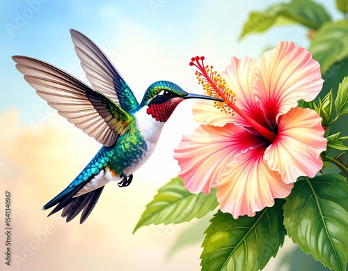 Ultra-detailed image of a hummingbird mid-flight next to a hibiscus