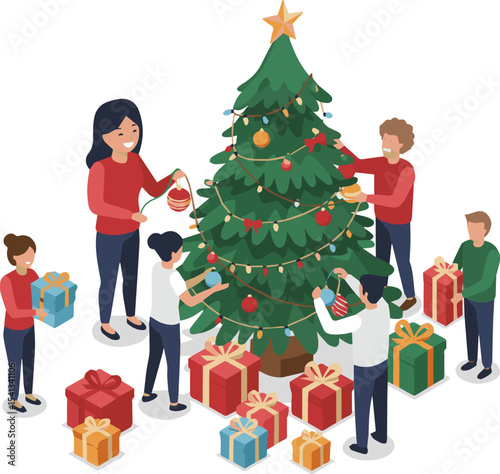Create a christmas, tree, gift, holiday, decoration, box, exams, present, celebration, winter, Santa, christmas tree,  vector art with white background.