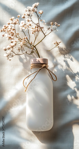 White frosted glass water bottle on a white flat background, pastel pink lid and yarn handle, showcasing soft edges and blurred details.